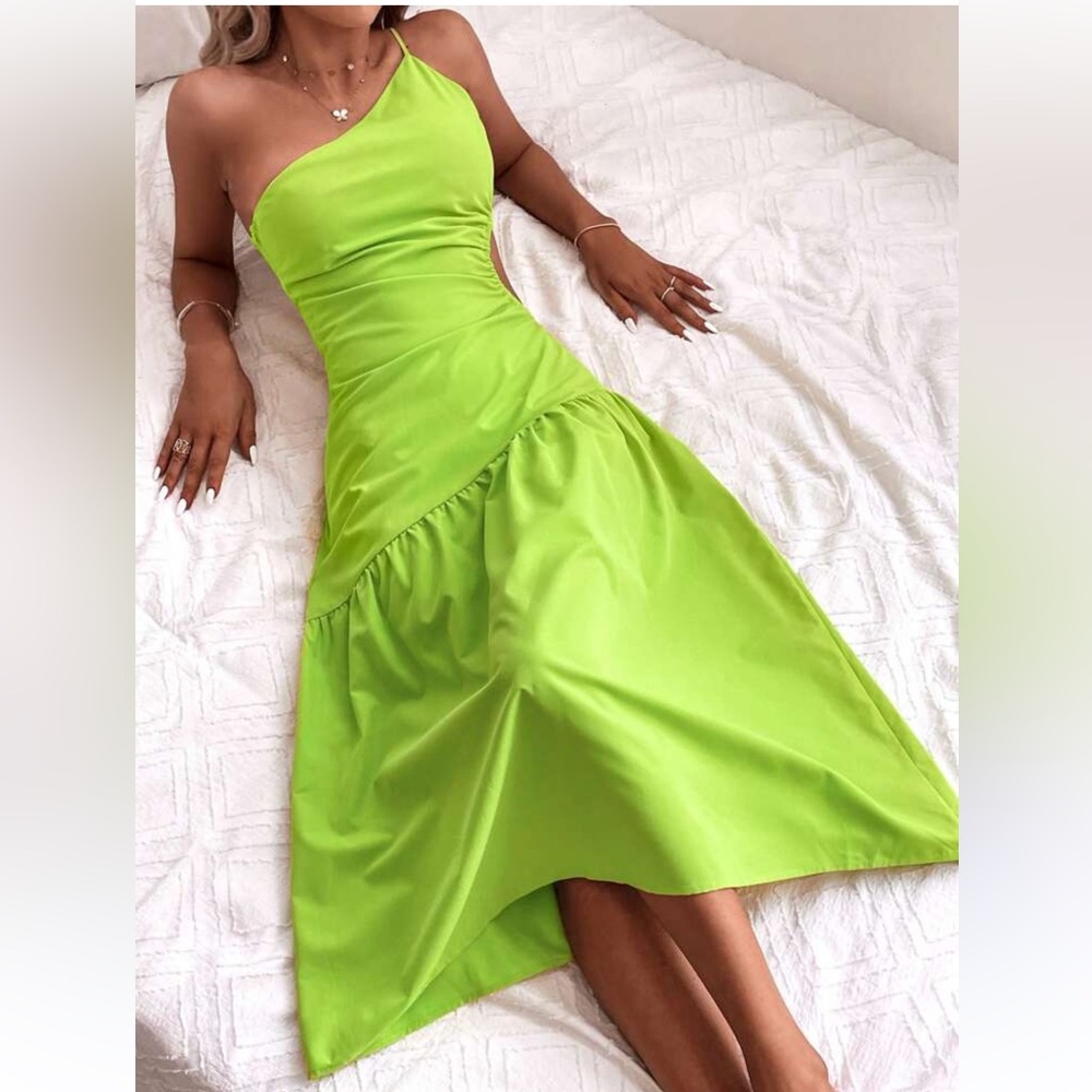 Lime Green VCay Asymmetrical Shoulder Cut Out Waist Dress. Size S